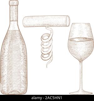 Flasche und Glas Wein mit Korkenzieher. Hand gezeichnete Skizze. Stock Vektor