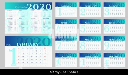 Neue 2020 Tischkalender in Blau, Mint und Weiß. Einfacher Kalender temlate mit Platz für das Logo, die Webseite. Woche beginnt am Sonntag. Vektor 10 EPS Stock Vektor