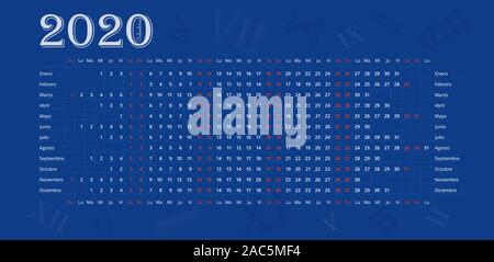 Wandkalender 2020 in spanisch auf tiefblauem Grund mit römischen Ziffern. Calendario español 2020. 12 Monate, Zeile für Zeile Stock Vektor