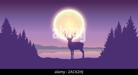 Lonely Rentiere in Wald bei Vollmond am See Vector EPS Abbildung 10 Stock Vektor