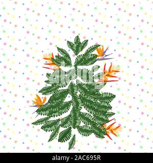 Tropische Weihnachten. Weihnachtsbaum aus tropischen Palmen Blätter und monstera Stock Vektor