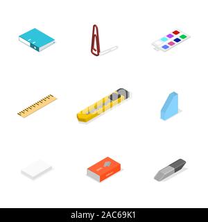 Reihe von Icons auf weißem Hintergrund, im Büro und in der Schule isoliert. Flache isometrische 3D-Stil, Vector Illustration. Stock Vektor