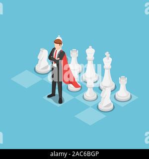 Wohnung 3 d Isometrische super Geschäftsmann als Marktführer am Schachbrett. Business Strategie und Führung Konzept. Stock Vektor