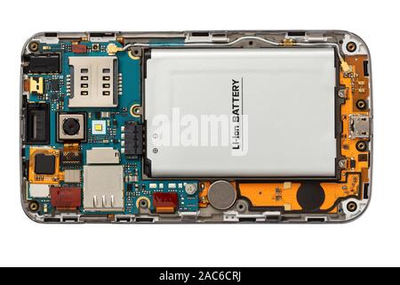 Zerlegt Handy. Interne Organisation. Nahaufnahme, Ansicht von oben. Auf einem weißen Hintergrund. Stockfoto
