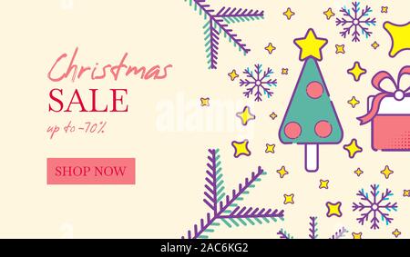 Winter verkauf Hintergrund mit linearen Weihnachtsbaum, Geschenke, Schneeflocken und Tannenzweigen. Weihnachten und neues Jahr verkaufen. Vector Illustration Stock Vektor