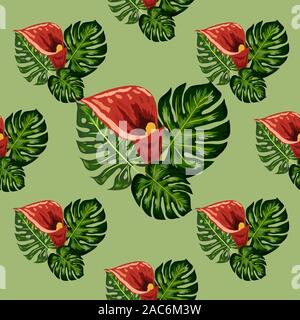 Nahtlose Muster mit tropischen Blättern und callas Lilien Blumen. Dunkle und helle grüne Palmenblättern, nahtlose Muster. Stock Vektor