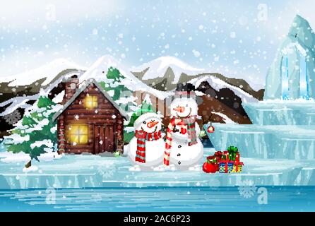 Szene mit Schneemann und präsentieren im Winter Abbildung Stock Vektor