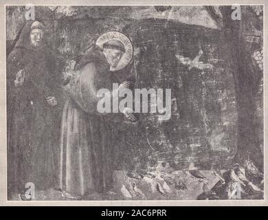 "Der gute St. Francis predigt auf seine "Kleinen Schwestern'' - St. Franziskus von Assisi - Predigt den Vögeln Stockfoto