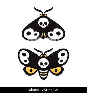 Der Totenkopffalter, Motte mit Totenkopf Form. Cartoon Zeichnung der Nacht Schmetterling mit offenen und geschlossenen Flügeln. Isolierte vector clip art Illustration, ta Stock Vektor
