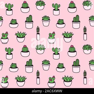 Nahtlose Muster von Hand Kakteen und Sukkulenten in niedlichen kleinen Töpfen gezogen. Zimmerpflanze doodles in einfachen cartoon Vektor Stil. Stock Vektor