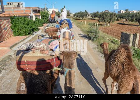 Sousse, Tunesien - 8 November 2019: Touristen auf einer Kamelkarawane in Sousse in Tunesien Stockfoto