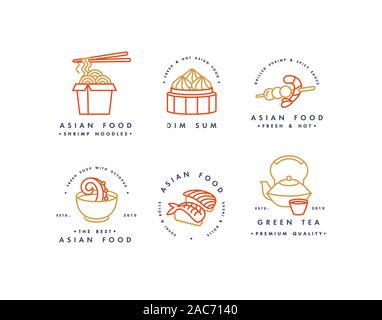 Vektor einrichten von Designvorlagen für Logos und Embleme oder Abzeichen. Asiatische Lebensmittel - Nudeln, Dim Sum, Suppe, Sushi. Lineare Logos. Stock Vektor