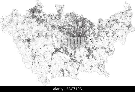 Sat-Karte der Provinz Mailand, Städte und Straßen, Gebäude und Straßen der Umgebung. Lombardei, Italien. Karte Straßen, Ringstraßen Stock Vektor