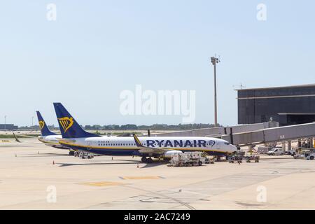 Barcelona, Spanien - 11. August 2019: Boeing 737-800 Ryanair Flugzeug auf dem Flughafen von Barcelona, einem berühmten irischen Low-Cost-Unternehmen Stockfoto