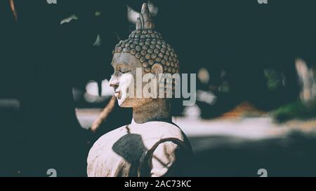 Statue von Buddha stehend in Meditation. Close up Hand der Statue Buddha. Buddhismus Konzept. Ruhe Idee. lifestyle Praxis in clamness Stockfoto