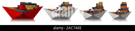 Liefer- Konzept - Papier Boote, vier Fracht Containerschiffe auf weißem Hintergrund Stockfoto