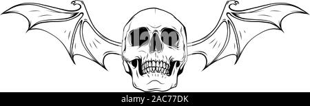 Fanged Skull mit Fledermaus Flügel Schwarz und Weiß Vector Graphic Illustration Symbol Stock Vektor