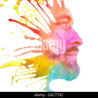 Paintography. Double Exposure Profil Porträt eines Mannes mit starken Features mit handgefertigten Malerei von bunten bewölkt Tinte pinselstrichen Kombiniert und s Stockfoto