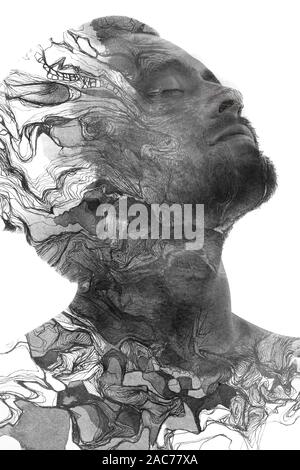 Paintography. Double Exposure Profil Porträt eines Mannes mit starken Funktionen kombiniert mit handgefertigtem Gemälde von Wellenlinien, die in seine Ski auflösen Stockfoto