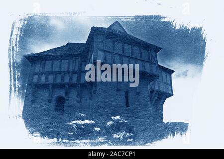 Altmodische cyanotypie Bild von stokesay Schloss, einem mittelalterlichen, befestigten Herrensitz, Shropshire, England, UK: niedrige Viewpoint und groben Grenzen Stockfoto