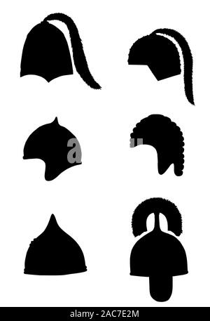 Antike griechische, sumerischen, persische Helme Zeichnung. Bronze Helm set Abbildung. Stockfoto