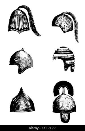 Antike griechische, sumerischen, persische Helme Zeichnung. Bronze Helm set Abbildung. Stockfoto