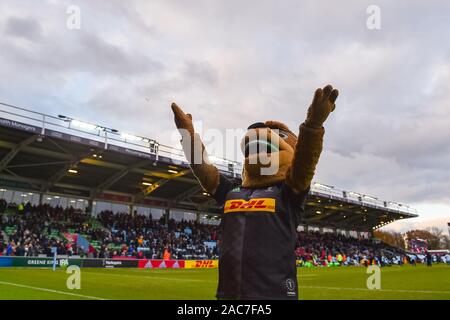 London, Vereinigtes Königreich. 01 Dez, 2019. Die harlekine Maskottchen unterhält die Massen während der Premiership Rugby Cup Match zwischen Harlekine und Gloucester in Twickenham Stoop am Sonntag, den 01. Dezember 2019. London England. (Nur redaktionelle Nutzung, eine Lizenz für die gewerbliche Nutzung erforderlich. Keine Verwendung in Wetten, Spiele oder einer einzelnen Verein/Liga/player Publikationen.) Credit: Taka G Wu/Alamy leben Nachrichten Stockfoto