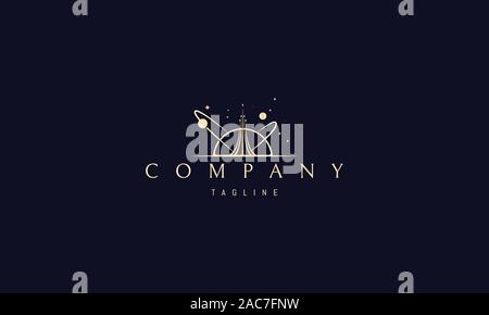 Vektor golden Logo, auf dem ein abstraktes Bild von einem hochfliegenden Rakete vor dem Hintergrund der Sterne und Planeten. Stock Vektor