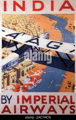 IMPERIALL AIRWAYS Poster um 1930 mit einem Armstrong Whitworth Argosy Fliegen Sie von Croydon nach Indien Stockfoto