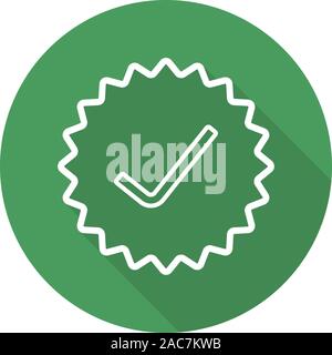 Genehmigt Stempel. Flache lineare lange Schatten Symbol. Abzeichen akzeptieren. Grüne Aufkleber mit Haken. Vektor linie das Symbol Stock Vektor
