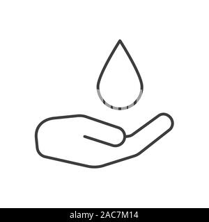 Waschen der Hände lineare Symbol. Dünne Linie Abbildung. Menschliche Palm mit fallenden Wassertropfen. Kontur Symbol. Vektor isoliert Maßbild Stock Vektor