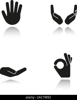 Gesten der Hand Schatten schwarze Symbole gesetzt. Betteln und hohlen Hände, Palm, ok Geste. Isolierte Vektorgrafiken Stock Vektor