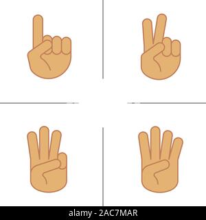 Gesten der Hand Farbe Symbole gesetzt. Eins, zwei, drei und vier Finger nach oben. Isolierte Vektorgrafiken Stock Vektor