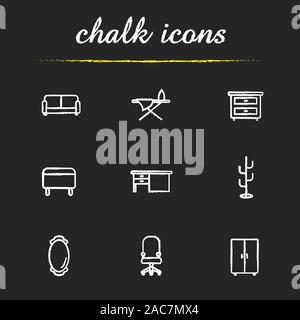 Möbel chalk Symbole gesetzt. Zimmer Interieur. Couch, Spiegel, Schrank, Nachttisch, Bügelbrett, Schreibtisch, Ottomane, Kleiderbügel, computer Stuhl auf Stock Vektor