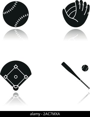 Baseball Schatten schwarze Symbole gesetzt. Schläger und Ball, Mitt, Feld. Softball Equipment. Isolierte Vektorgrafiken Stock Vektor