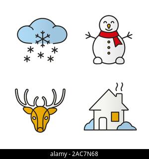 Winter color Symbole gesetzt. Schneemann, Rentier, Haus, Winter Schneefall. Isolierte Vektorgrafiken Stock Vektor