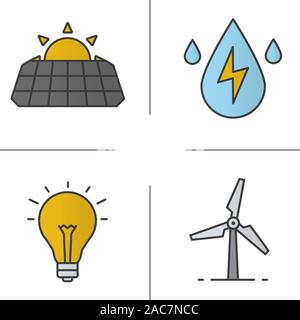 Eco Energie Farbe Symbole gesetzt. Solar Panels, Windmühle, Wasser Energie, Glühbirne. Isolierte Vektorgrafiken Stock Vektor