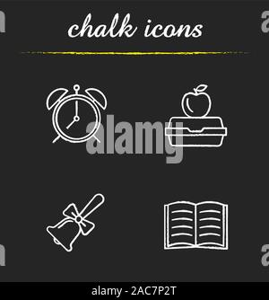 Schule und Bildung chalk Symbole gesetzt. Wecker, Schule Bell, Lunchpaket, offenes Buch. Isolierte vektor Tafel Abbildungen Stock Vektor