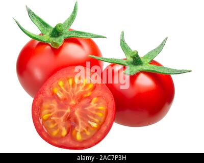 Cherry Tomaten, ganze und halbe isoliert auf weißem Stockfoto