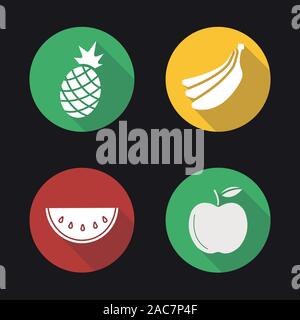 Obst flache Bauweise lange Schatten Symbole gesetzt. Ananas, Bananen, bundle, Wassermelone Slice, Apple. Vektor silhouette Abbildung Stock Vektor