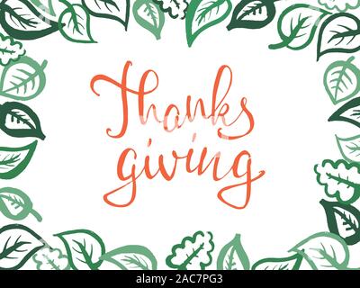 Thanksgiving Schriftzug. Feier Kalligraphie Zitat und dekorative Elemente für Saison Postkarte, Icon, Poster oder Banner. Hand Happy Thanksgiving Typografie Karte gezogen. Vector Illustration Stock Vektor