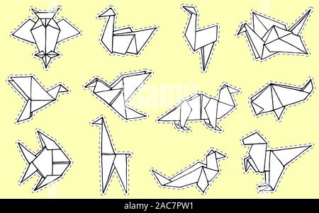 Origami Tiere Kollektion. Hand gezeichnet origami Doodle einrichten. Können Sie wie ein Logo, das Symbol oder Aufkleber. Minimalistischer Vector Illustration Stock Vektor