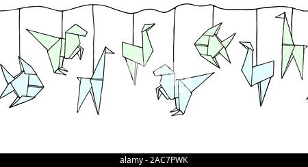 Nahtlose Girlande mit Hand gezeichnet Origami Tiere - Dinosaurier, Giraffe, Fisch, Vogel Strauß. Cartoon Kinder Ornament. Cute doodle Vector Illustration. Stock Vektor