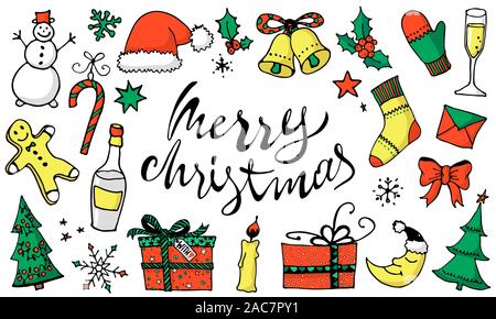 Doodle Weihnachten, farbige Symbole, Aufkleber. Süße hand Design Elemente für Sie erstellt. Frohe Weihnachten und Neujahr Symbole, Schrift. Vector Illustration Stock Vektor