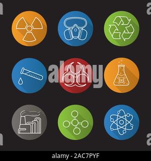 Chemische Industrie Flachbild lineare lange Schatten Symbole gesetzt. Gasmaske, Recycling Symbol, chemischen Reagenzglas, Gefahr, giftige Flüssigkeit, Fabrik Umweltverschmutzung. Biohaza Stock Vektor