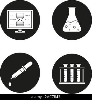 Science Laboratory Symbole gesetzt. Dna-Forschung, Becher mit Flüssigkeit, medizinische Dropper, Reagenzgläser Rack. Vektor weisse Silhouetten Abbildungen in schwarz Circ. Stock Vektor