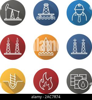 Erdölindustrie Flachbild lineare lange Schatten Symbole gesetzt. Pumpe jack, Fässer, Bohrkrone, Gas und Treibstoff Förderplattformen, brennbare Zeichen, industrielle Arbeiter Stock Vektor