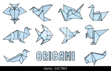 Origami Tiere Kollektion. Hand gezeichnet origami Doodle einrichten. Können Sie wie ein Logo, das Symbol oder Aufkleber. Minimalistischer Vector Illustration Stock Vektor