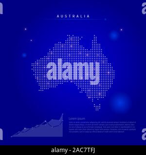 Australien beleuchtete Karte mit leuchtenden Punkte. Infografiken Elemente. Dark Blue Space Hintergrund. Abbildung. Wachsende chart, Lorem ipsum Text. Stockfoto