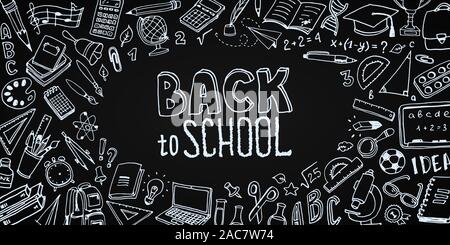 Zurück zu Schule Hintergrund mit Platz für Text. Hand gezeichnet School Supplies - groß. Doodle Schriftzug und Schule Objekt Sammlung. Das Symbol Skizze. Bildung Konzept. Vector Illustration. Stock Vektor